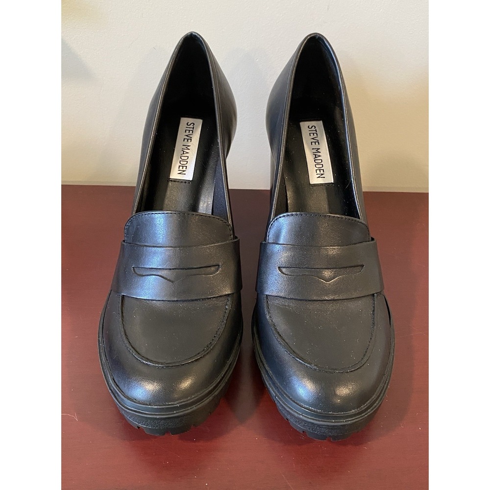 Steve Madden Marin 6.5M Black Leather Treaded Platform Loafers 3.5" Block Heel